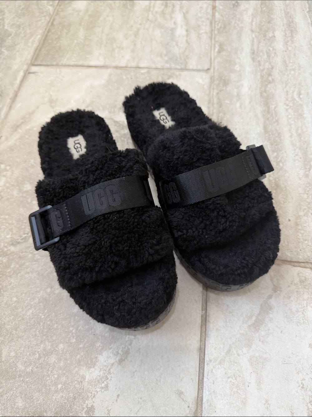 *Like New* UGG Black Fuzzy Slide with Adjustable Logo Strap